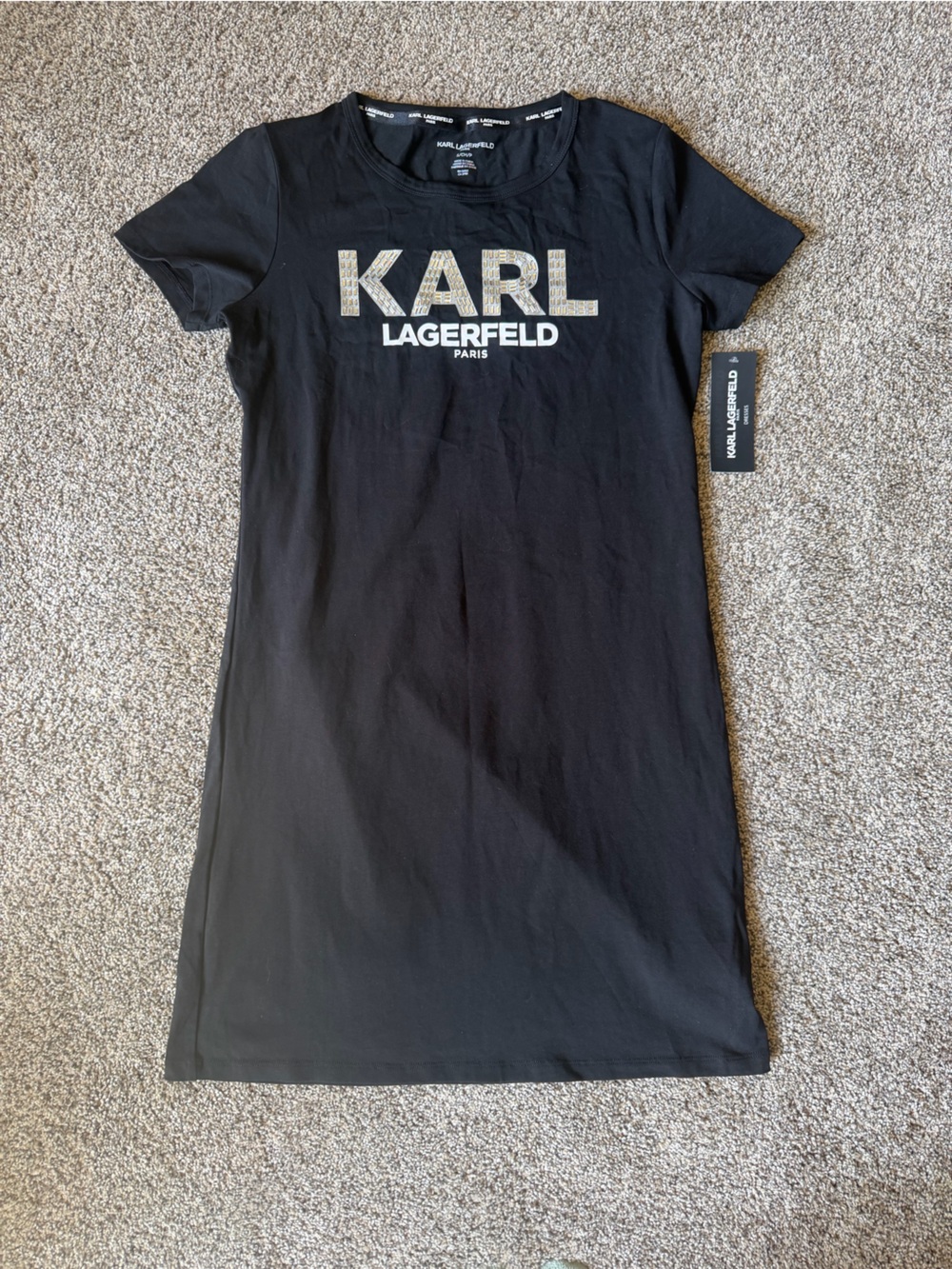 NWT Karl Lagerfeld Paris Black T Shirt Dress with Silver Accented Logo Size S
